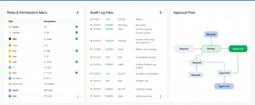 Webhuk ERP security screen showing user roles, permissions matrix and audit log trail