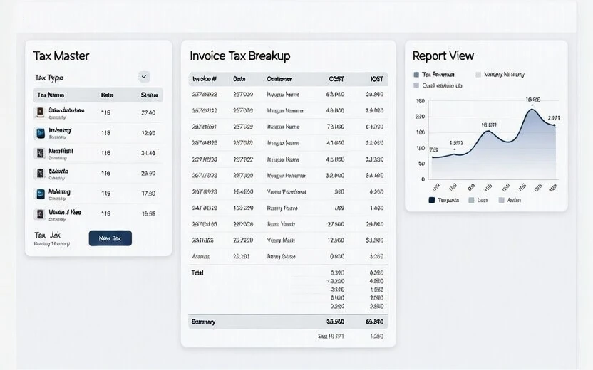 Webhuk multi-jurisdiction taxes configuration showing tax slabs, location rules and invoice tax breakup