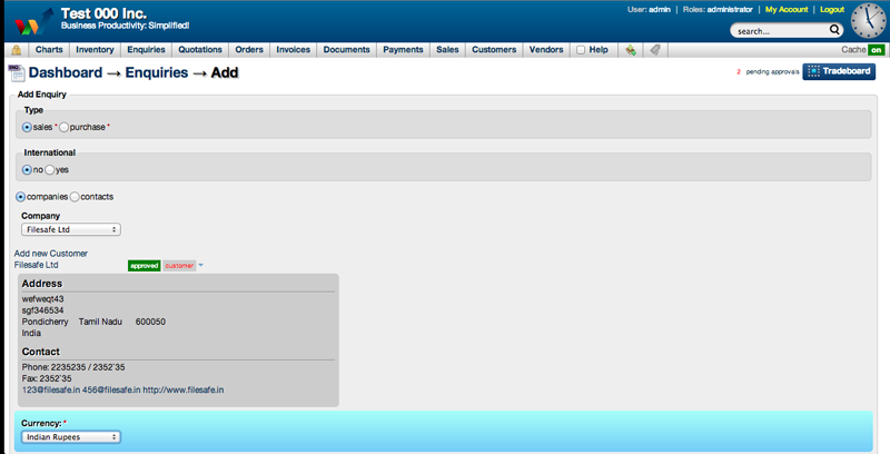Screenshot of adding a new enquiry