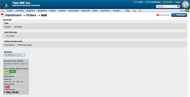 Screenshot of adding a new order