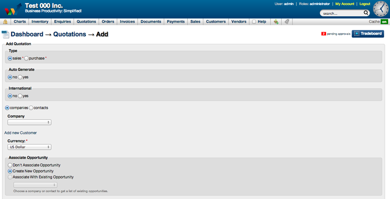 Screenshot of adding a new quotation