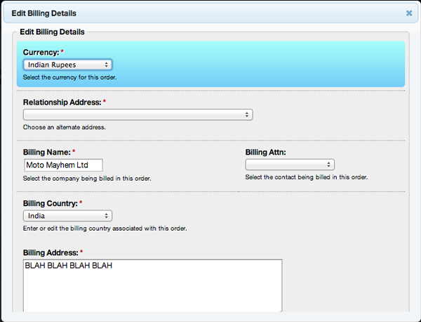 Screenshot of editing billing details