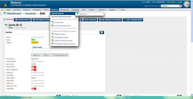 Screenshot of editing invoice
