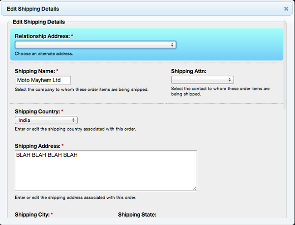 Screenshot of editing shipping details