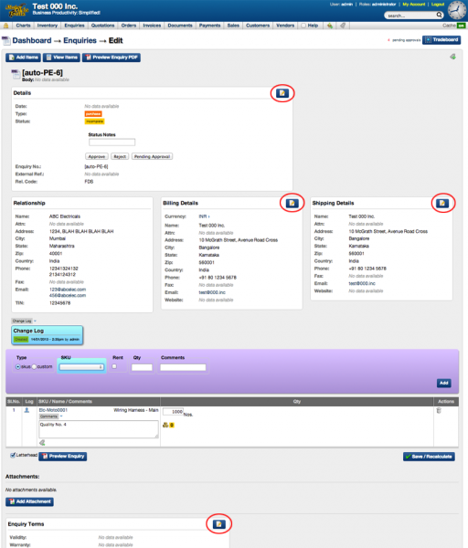 Screenshot of editing an enquiry 