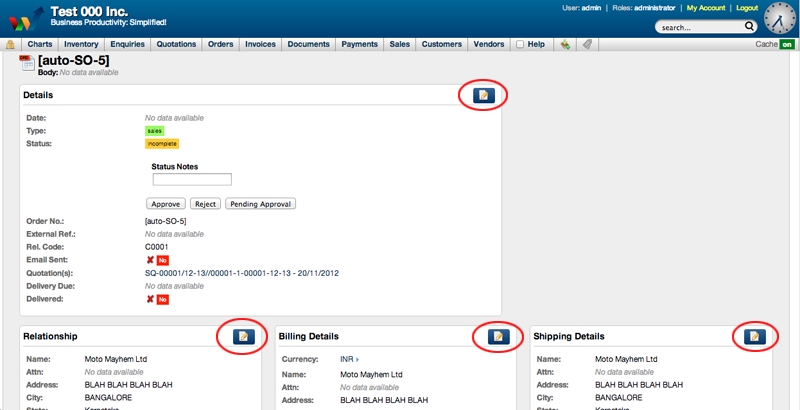 Screenshot of editing an order